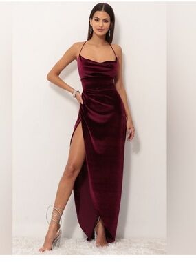 Lucy in the Sky Velvet Cowl Neck Burgundy Evening Dress with Side Slit Maxi